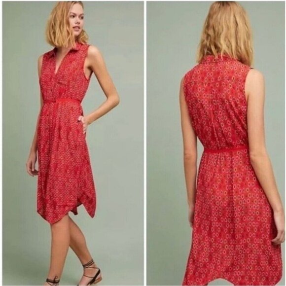 Anthropologie Maeve Vicki Red Sleeveless Button-down Shirt Dress Red Geometric 9 - Picture 4 of 16
